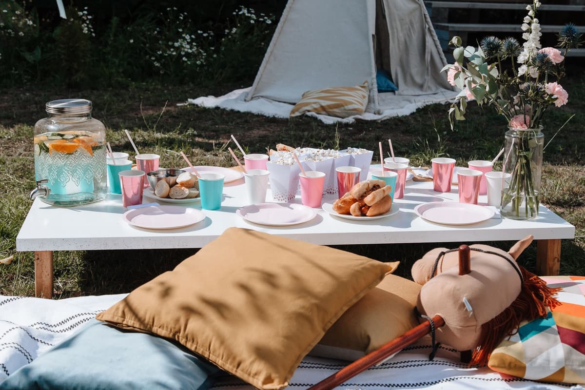 Outdoor picnic with colorful cups, plates, and flowers in a warm summer setting